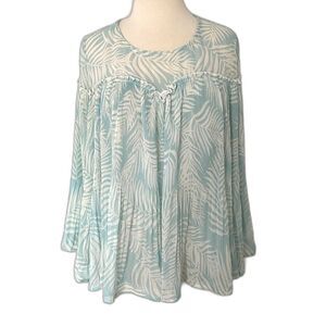 Anthropologie Molly Bracken Jungle Mint Sheer Leaf Print Lightweight Blouse Sz L